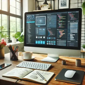 فضای کاری با صفحه‌نمایشی از مراحل طراحی وب‌سایت.