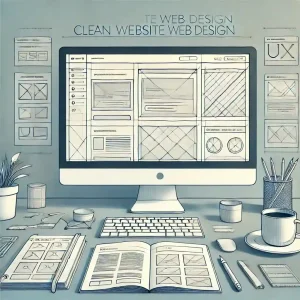 نمایی از یک میز کار با مانیتور در حال نمایش طرح وایرفریم یک وب‌سایت مینیمال، همراه با فنجان قهوه و دفترچه یادداشت حاوی یادداشت‌های طراحی UX و UI.