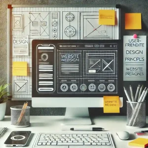 یک میز کار با مانیتوری که طرح‌های اولیه و ابزارهای طراحی وب‌سایت را نشان می‌دهد. در کنار مانیتور، یادداشت‌های چسبان، تلفن هوشمند و جا قلمی قرار دارد. تصویر نمایانگر فرآیند طراحی وب‌سایتی کاربرپسند است.