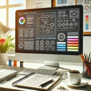 میز کاری با مانیتور در حال نمایش طراحی تجربه کاربری، همراه با ابزارهای حرفه‌ای و فضای خلاقانه.