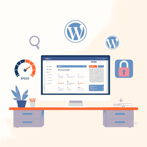 تصویری از یک محیط کاری دیجیتال با صفحه‌نمایش بزرگ که داشبورد سایت وردپرس را نمایش می‌دهد. اطراف صفحه‌نمایش آیکن‌هایی از سه عنصر کلیدی بهینه‌سازی سایت شامل سرعت‌سنج برای سرعت، ذره‌بین برای سئو و قفل برای امنیت قرار دارند. صحنه در یک دفتر مدرن و تمیز با پس‌زمینه‌ای نرم و گرادیان ایجاد شده است که تمرکز را بر روی آیکن‌های بهینه‌سازی و داشبورد وب‌سایت حفظ می‌کند. این تصویر مفهوم بهبود عملکرد سایت وردپرس از طریق سرعت، سئو و امنیت را به طور بصری منتقل می‌کند.